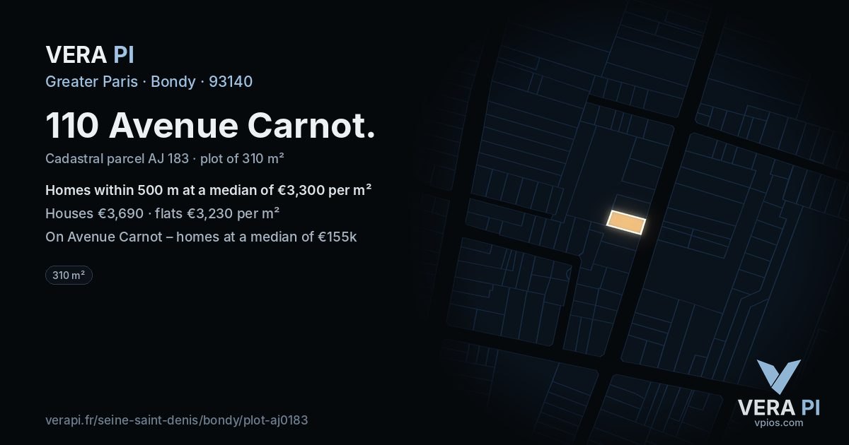 110 Avenue Carnot, Bondy at night – the plot lit, the parcels around coloured by the prices near them
