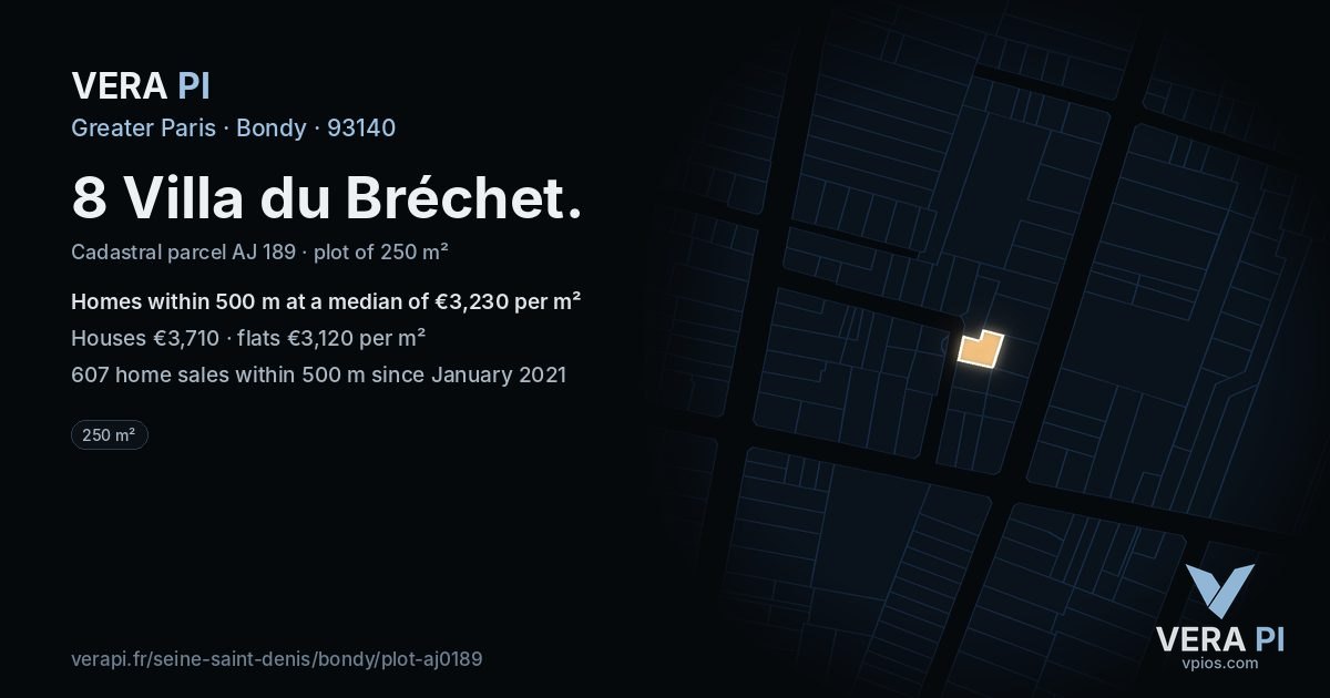 8 Villa du Bréchet, Bondy at night – the plot lit, the parcels around coloured by the prices near them