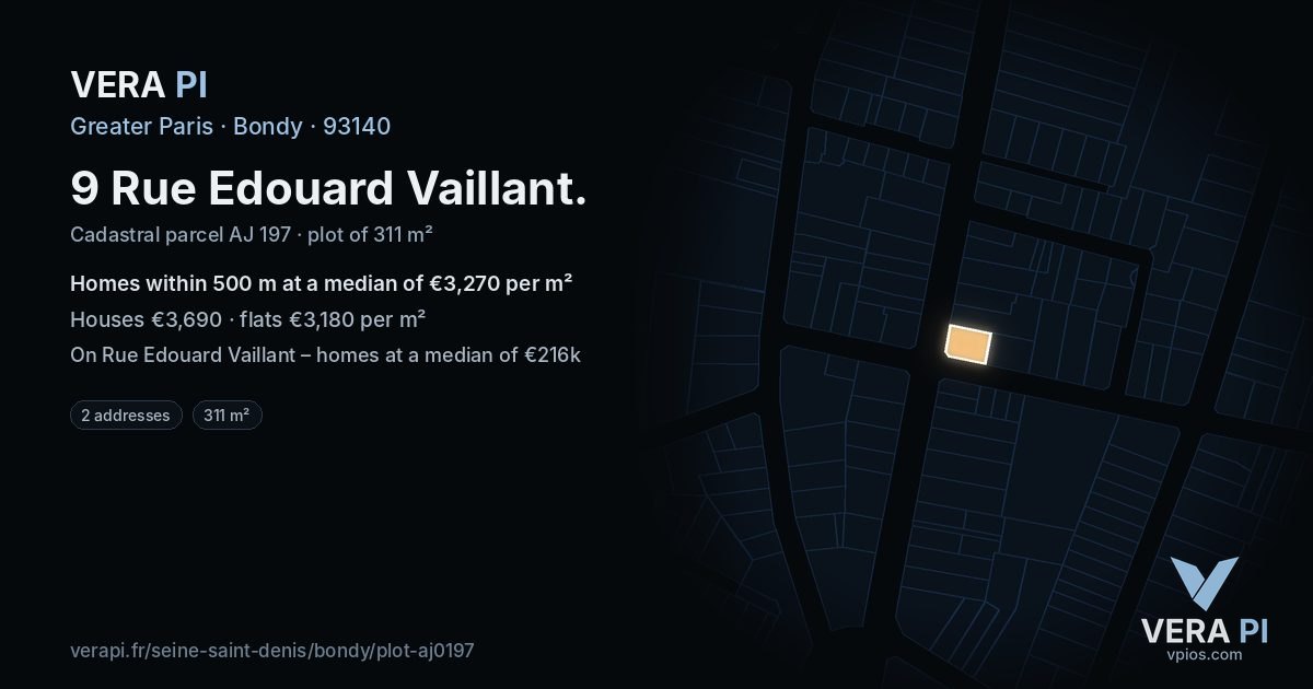 9 Rue Edouard Vaillant, Bondy at night – the plot lit, the parcels around coloured by the prices near them