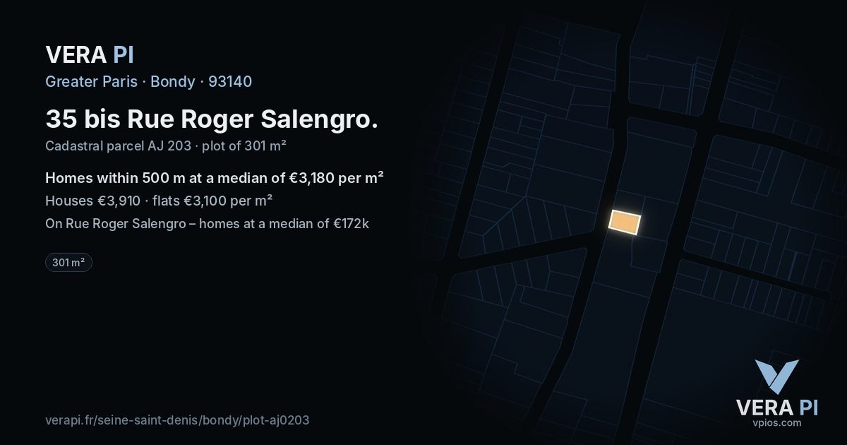 35 bis Rue Roger Salengro, Bondy at night – the plot lit, the parcels around coloured by the prices near them