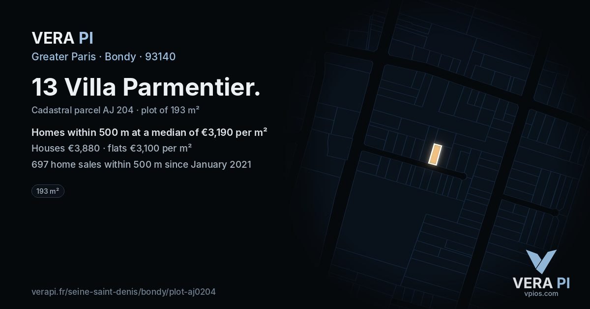13 Villa Parmentier, Bondy at night – the plot lit, the parcels around coloured by the prices near them