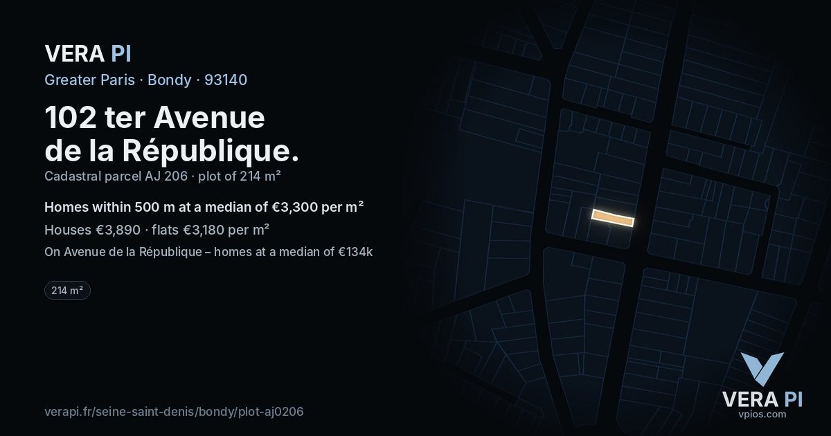 102 ter Avenue de la République, Bondy at night – the plot lit, the parcels around coloured by the prices near them