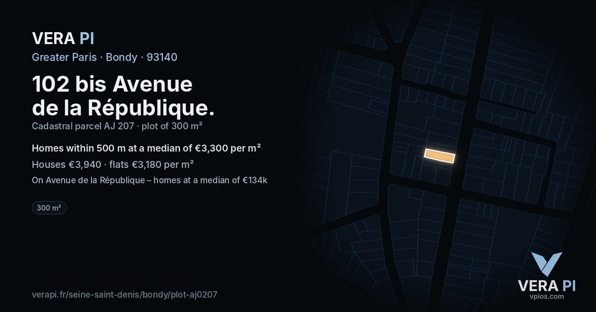 102 bis Avenue de la République, Bondy at night – the plot lit, the parcels around coloured by the prices near them