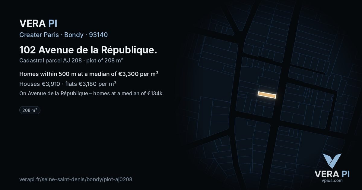 102 Avenue de la République, Bondy at night – the plot lit, the parcels around coloured by the prices near them