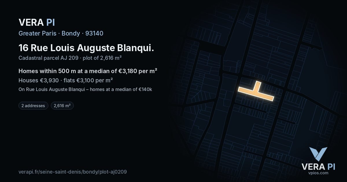 16 Rue Louis Auguste Blanqui, Bondy at night – the plot lit, the parcels around coloured by the prices near them