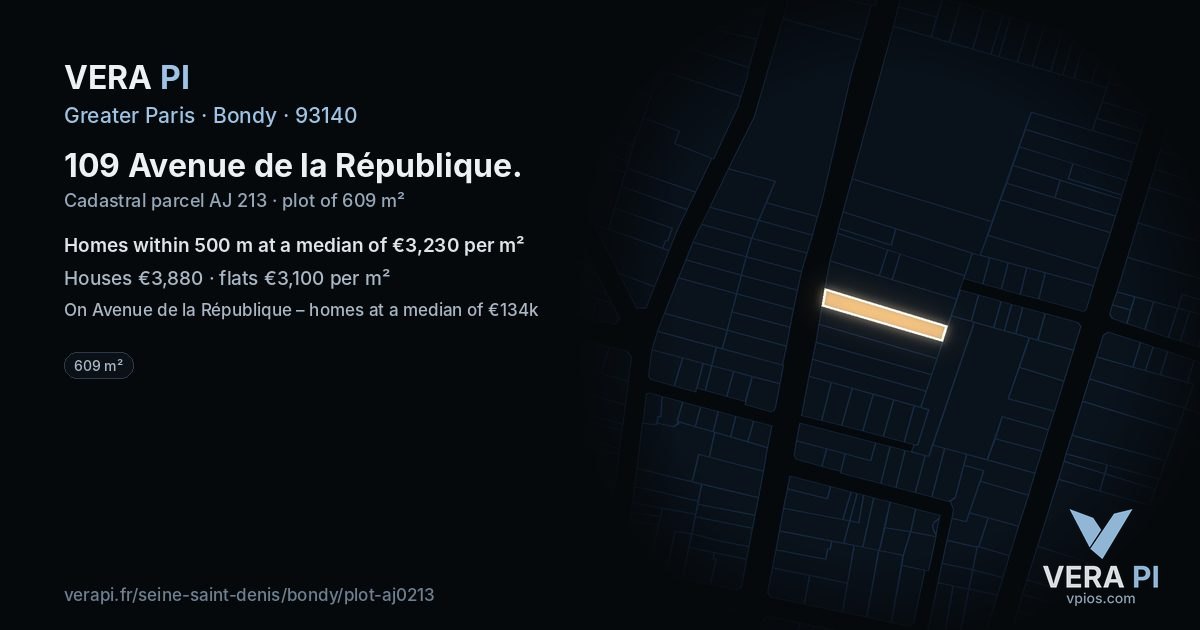 109 Avenue de la République, Bondy at night – the plot lit, the parcels around coloured by the prices near them