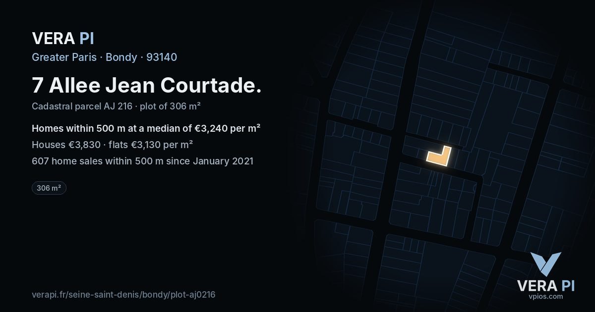 7 Allee Jean Courtade, Bondy at night – the plot lit, the parcels around coloured by the prices near them