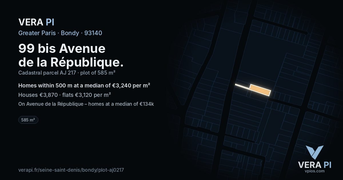 99 bis Avenue de la République, Bondy at night – the plot lit, the parcels around coloured by the prices near them