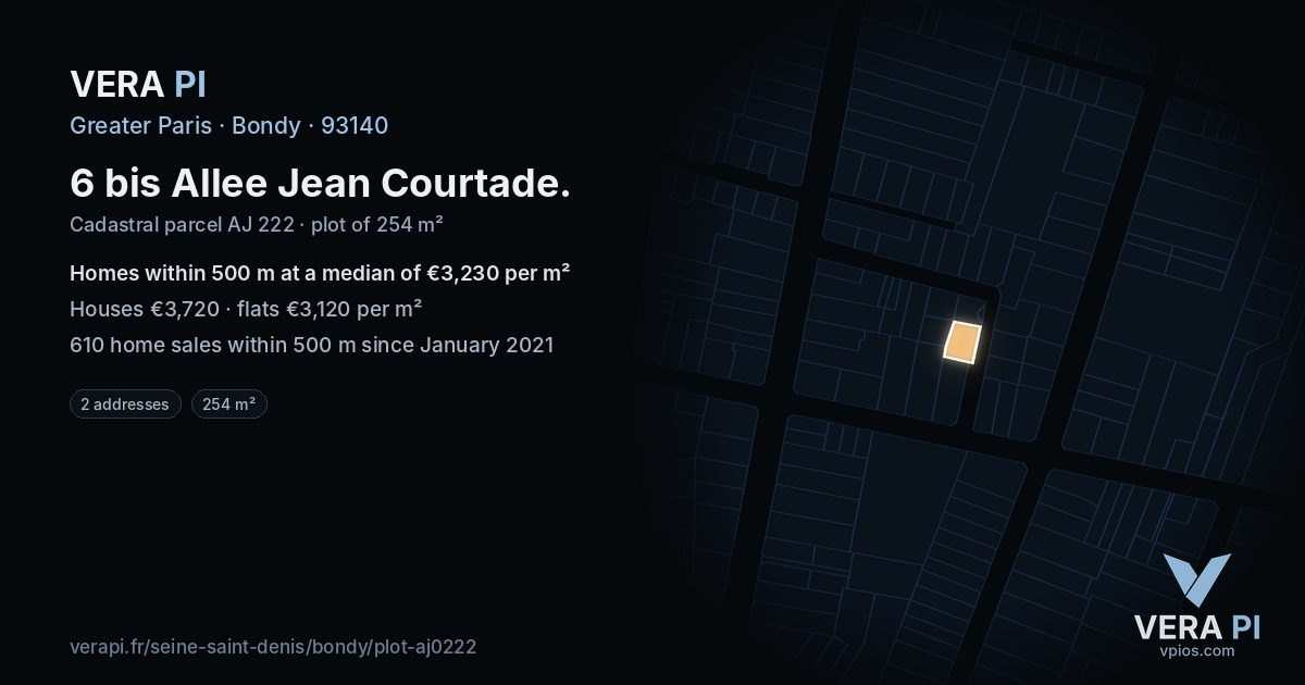 6 bis Allee Jean Courtade, Bondy at night – the plot lit, the parcels around coloured by the prices near them