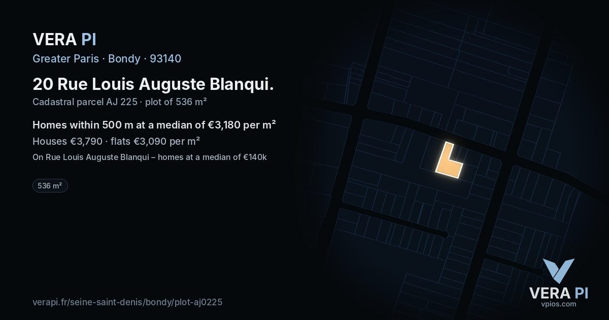 20 Rue Louis Auguste Blanqui, Bondy at night – the plot lit, the parcels around coloured by the prices near them