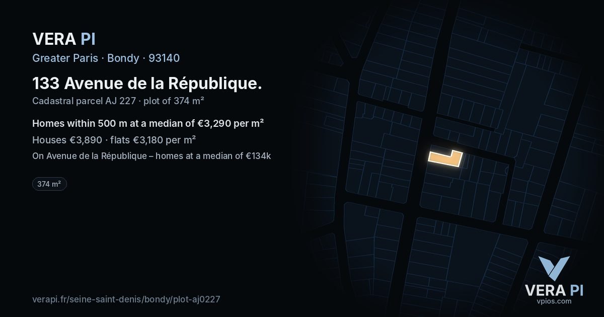 133 Avenue de la République, Bondy at night – the plot lit, the parcels around coloured by the prices near them