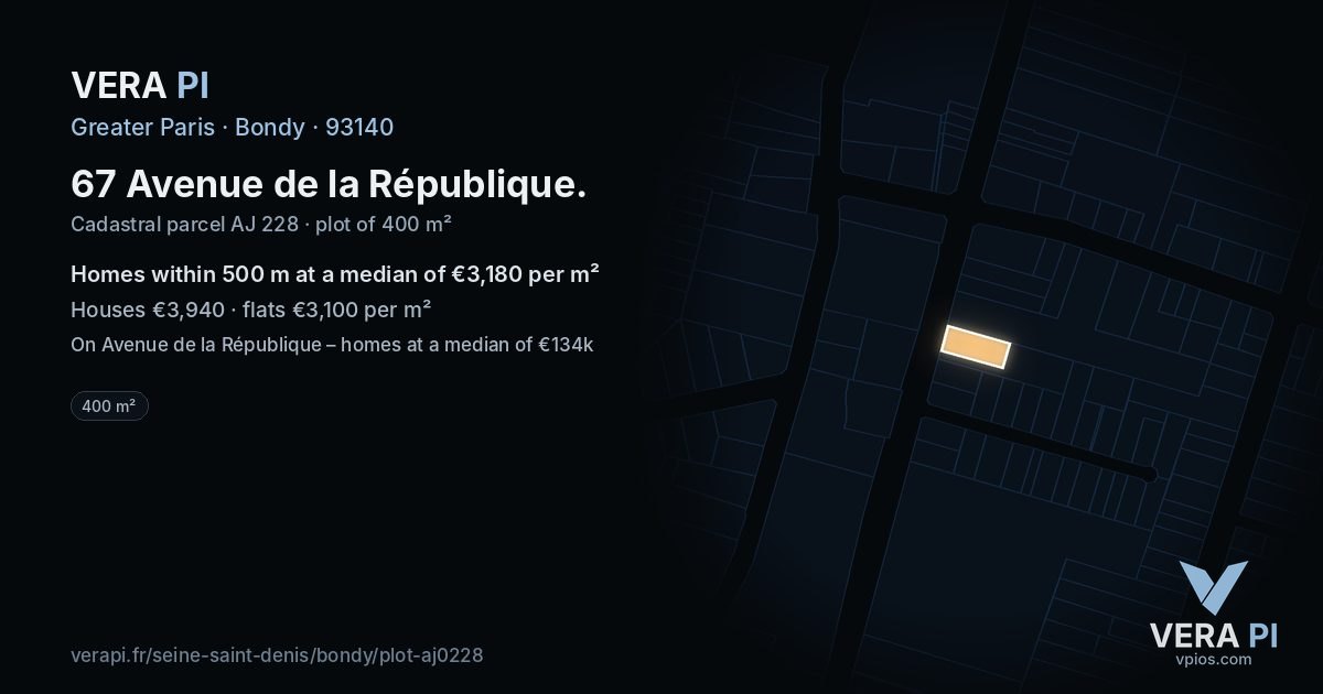 67 Avenue de la République, Bondy at night – the plot lit, the parcels around coloured by the prices near them