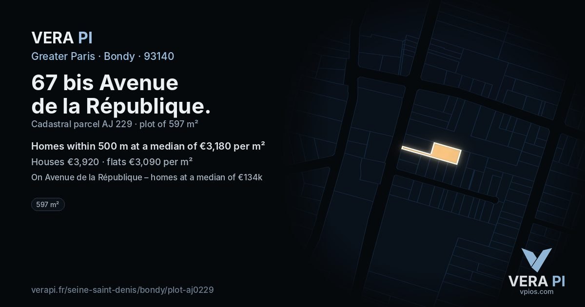 67 bis Avenue de la République, Bondy at night – the plot lit, the parcels around coloured by the prices near them