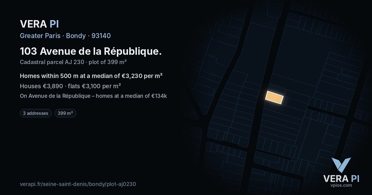 103 Avenue de la République, Bondy at night – the plot lit, the parcels around coloured by the prices near them