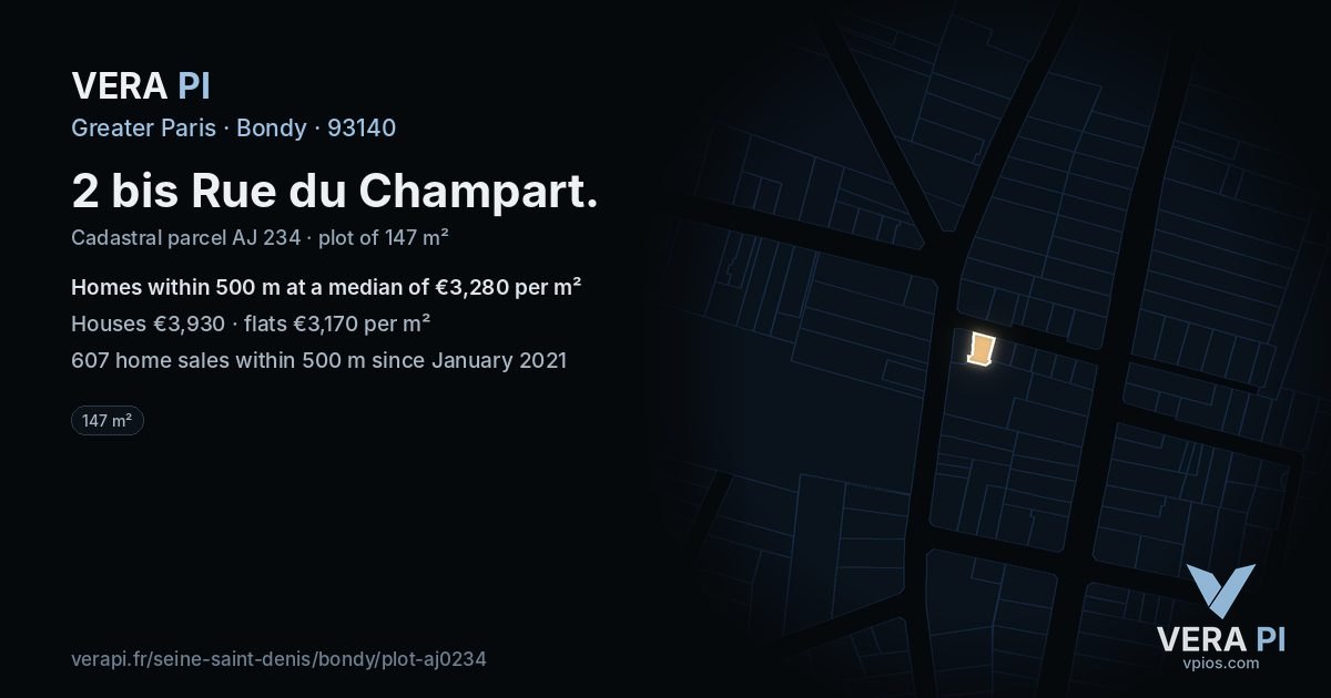 2 bis Rue du Champart, Bondy at night – the plot lit, the parcels around coloured by the prices near them