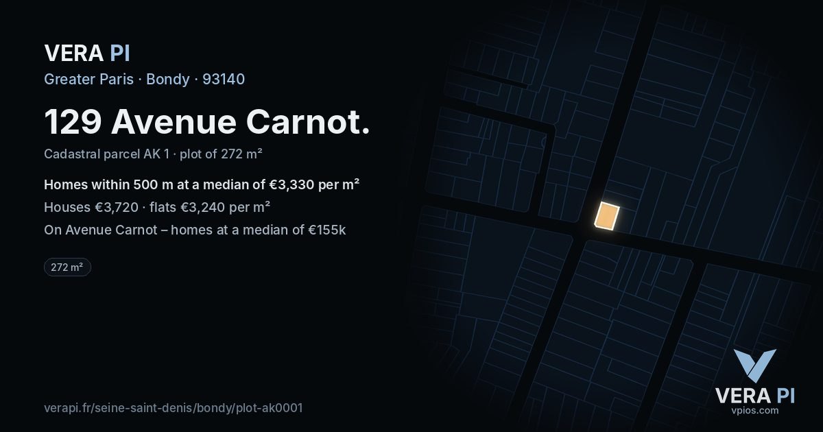 129 Avenue Carnot, Bondy at night – the plot lit, the parcels around coloured by the prices near them