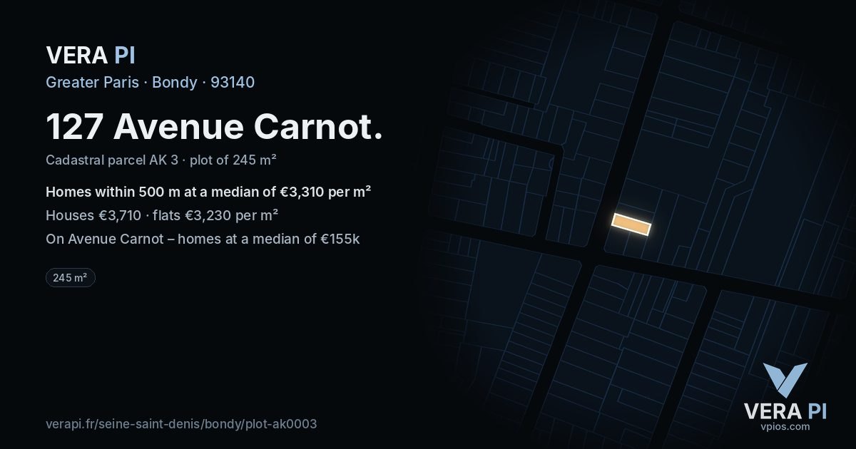 127 Avenue Carnot, Bondy at night – the plot lit, the parcels around coloured by the prices near them
