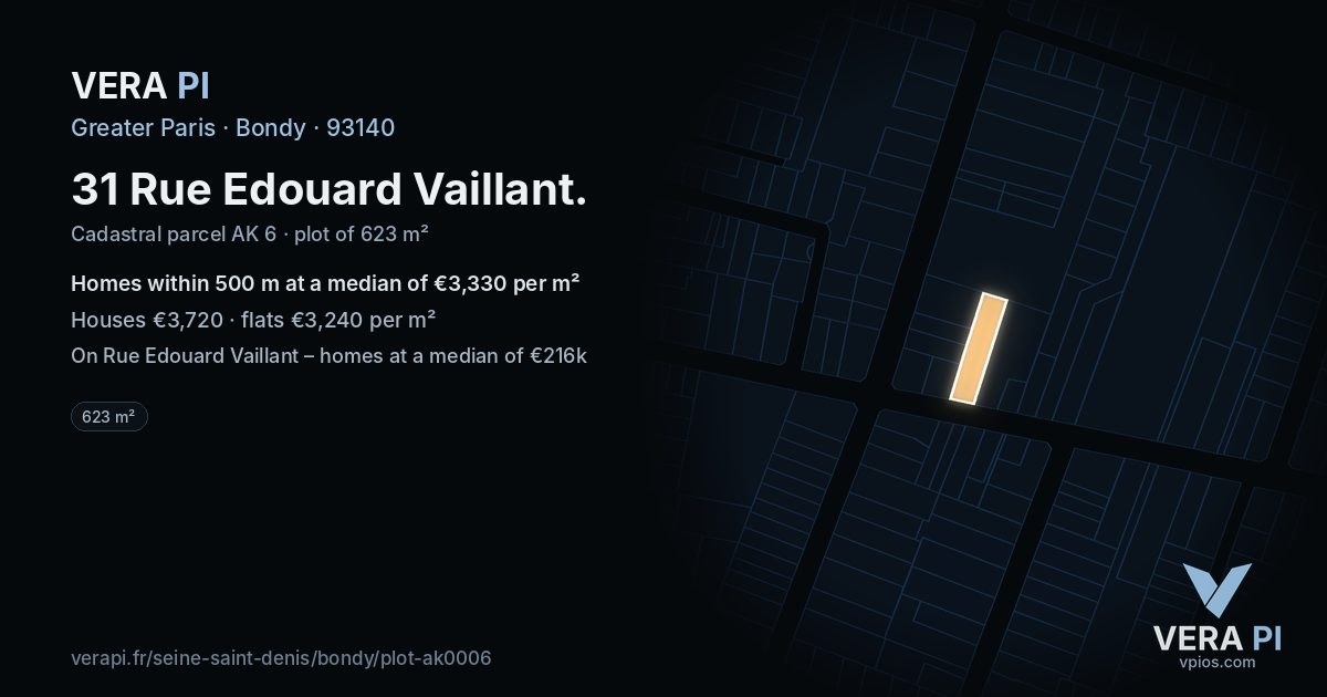 31 Rue Edouard Vaillant, Bondy at night – the plot lit, the parcels around coloured by the prices near them