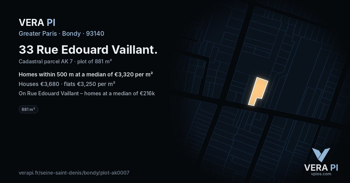 33 Rue Edouard Vaillant, Bondy at night – the plot lit, the parcels around coloured by the prices near them