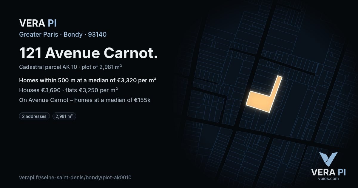 121 Avenue Carnot, Bondy at night – the plot lit, the parcels around coloured by the prices near them