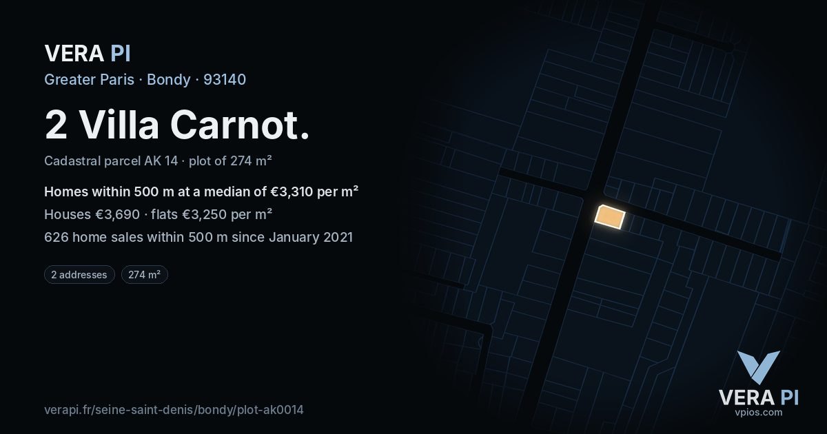 2 Villa Carnot, Bondy at night – the plot lit, the parcels around coloured by the prices near them