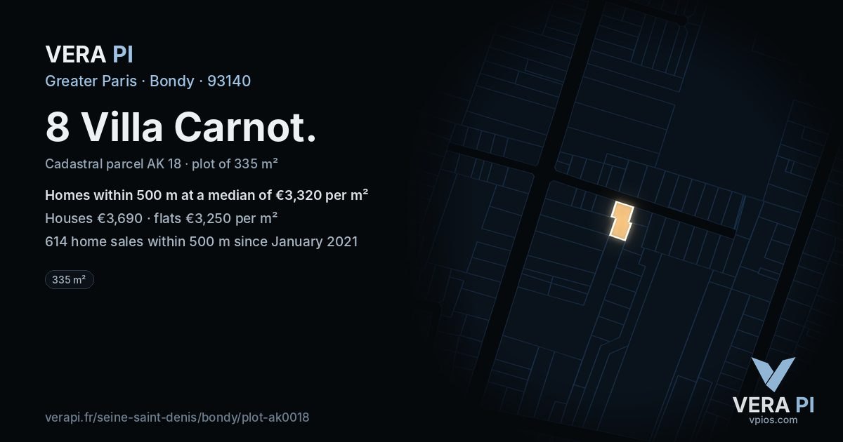 8 Villa Carnot, Bondy at night – the plot lit, the parcels around coloured by the prices near them