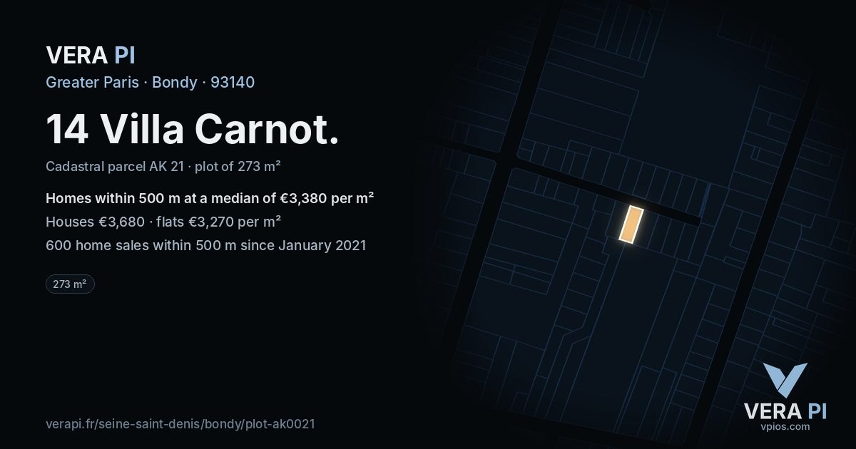 14 Villa Carnot, Bondy at night – the plot lit, the parcels around coloured by the prices near them