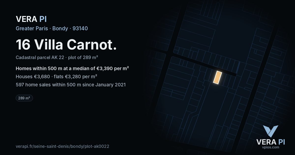 16 Villa Carnot, Bondy at night – the plot lit, the parcels around coloured by the prices near them