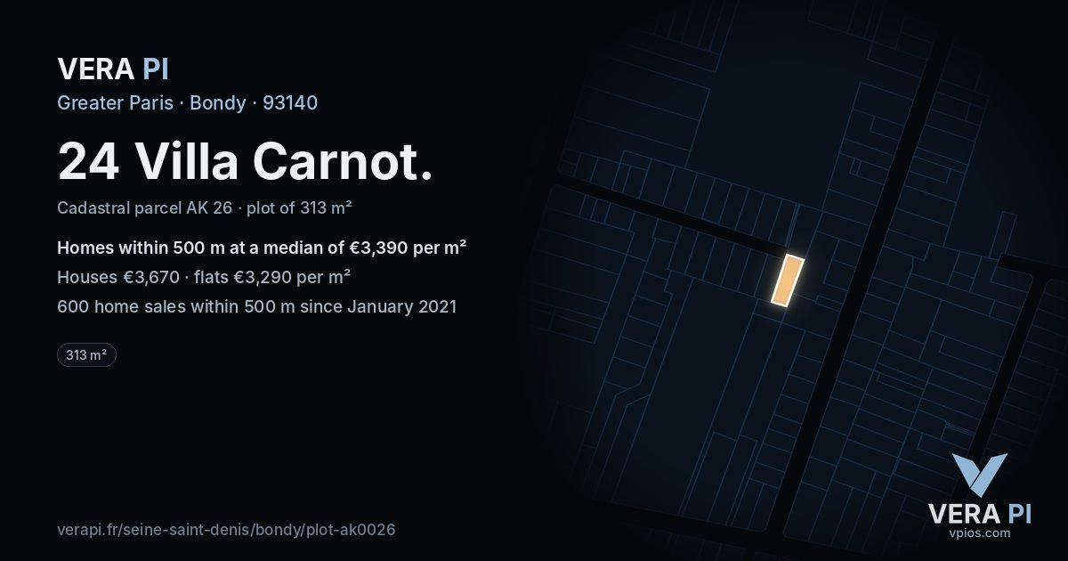 24 Villa Carnot, Bondy at night – the plot lit, the parcels around coloured by the prices near them