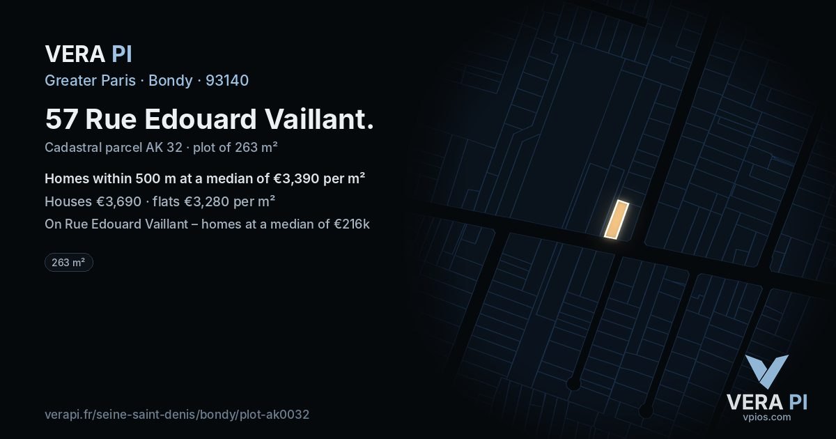 57 Rue Edouard Vaillant, Bondy at night – the plot lit, the parcels around coloured by the prices near them