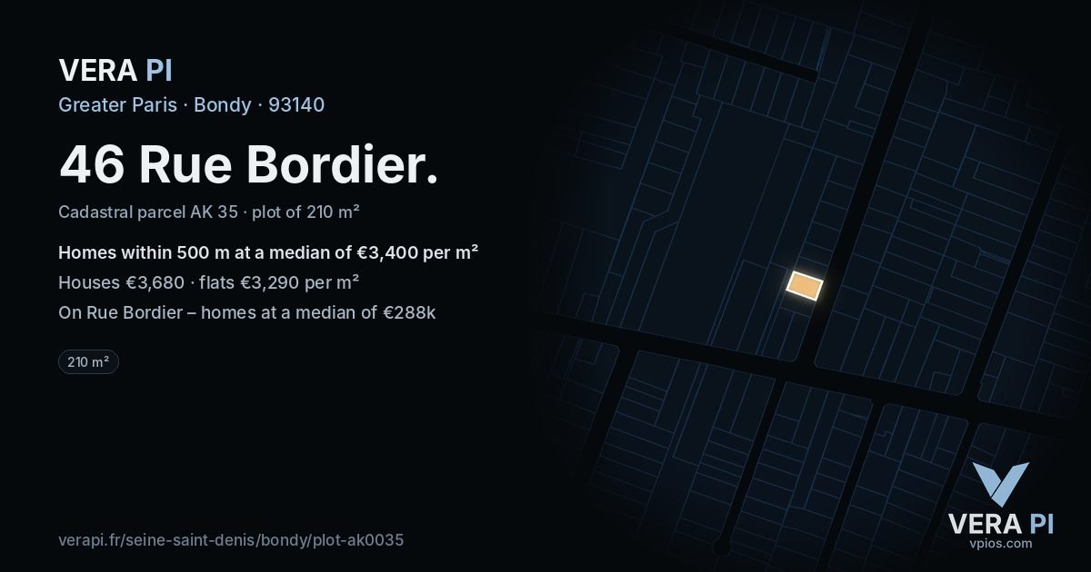 46 Rue Bordier, Bondy at night – the plot lit, the parcels around coloured by the prices near them
