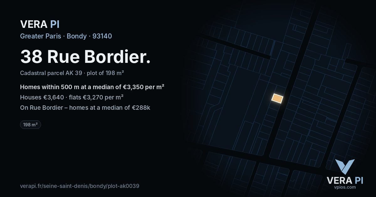 38 Rue Bordier, Bondy at night – the plot lit, the parcels around coloured by the prices near them