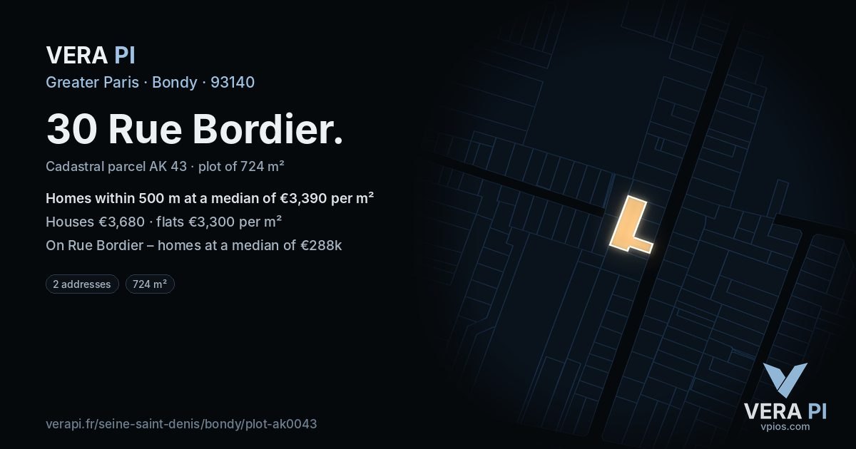 30 Rue Bordier, Bondy at night – the plot lit, the parcels around coloured by the prices near them