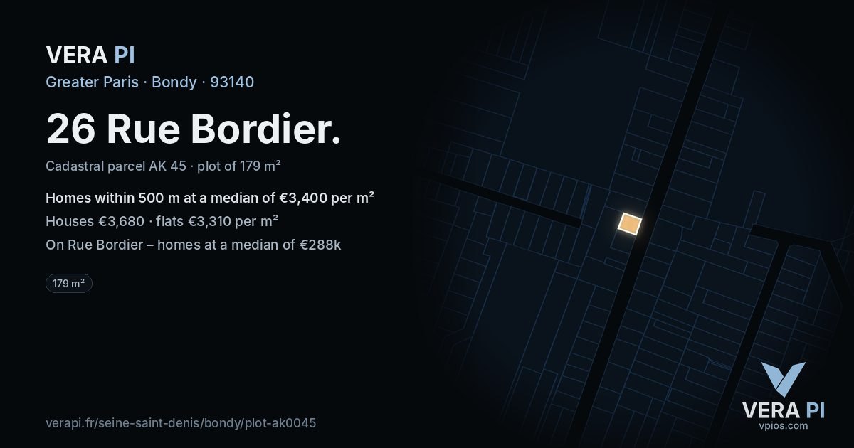 26 Rue Bordier, Bondy at night – the plot lit, the parcels around coloured by the prices near them