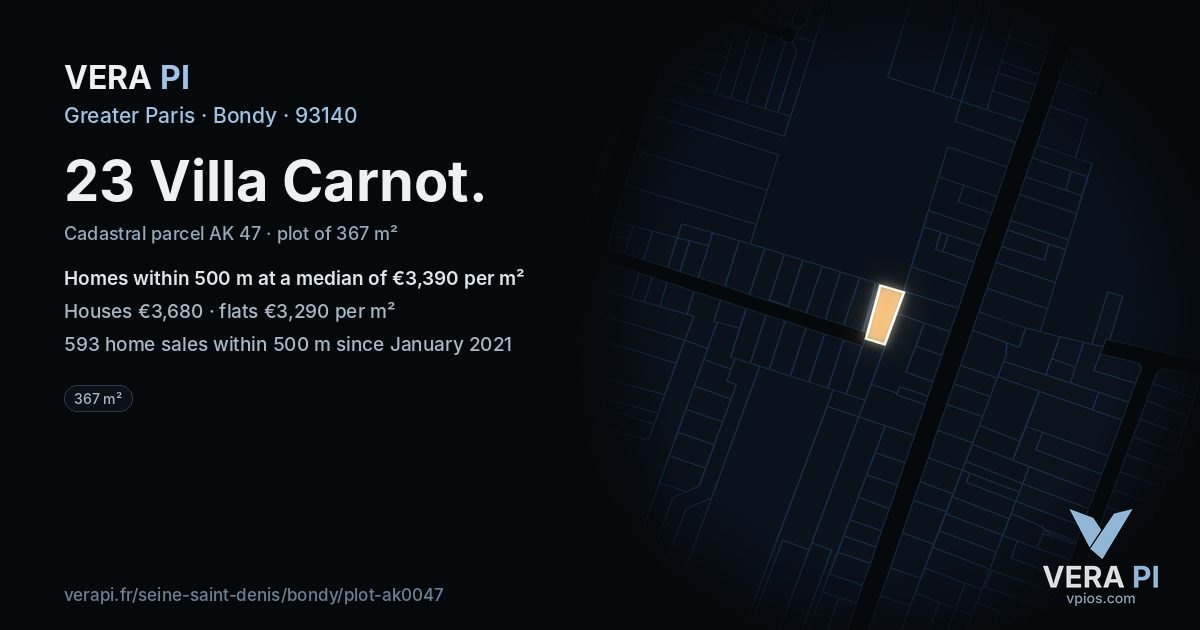 23 Villa Carnot, Bondy at night – the plot lit, the parcels around coloured by the prices near them