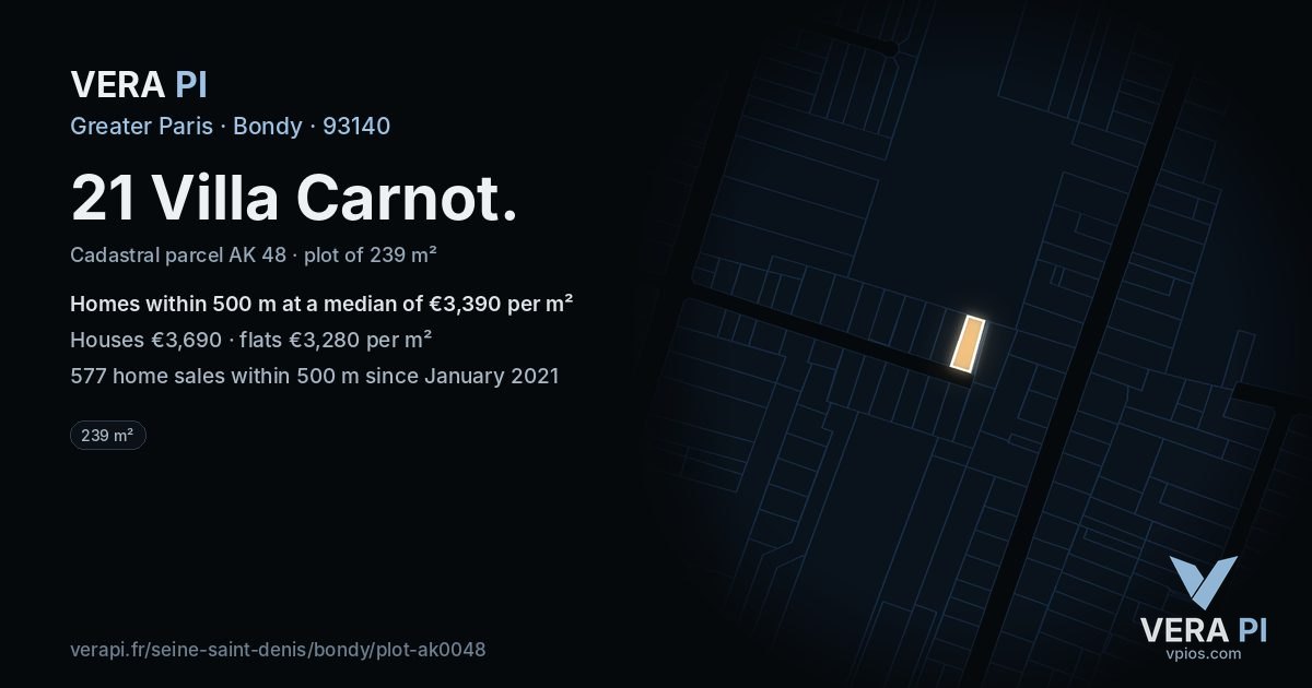 21 Villa Carnot, Bondy at night – the plot lit, the parcels around coloured by the prices near them