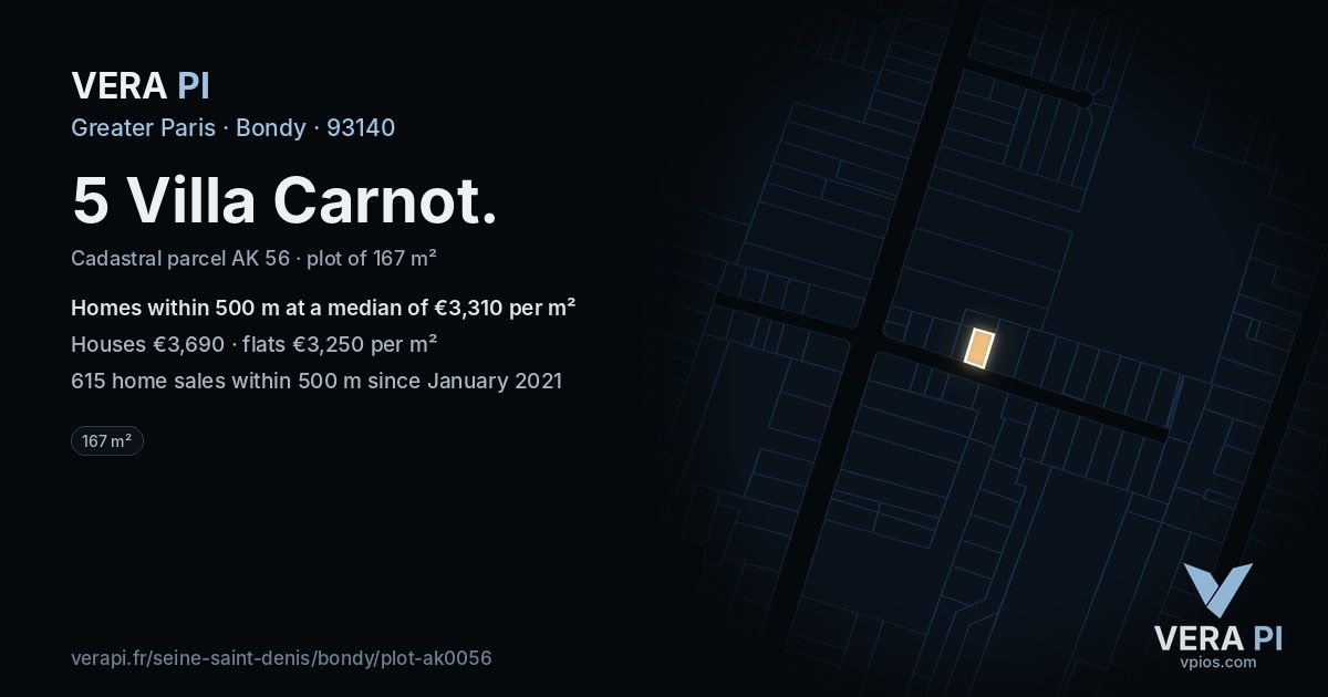 5 Villa Carnot, Bondy at night – the plot lit, the parcels around coloured by the prices near them