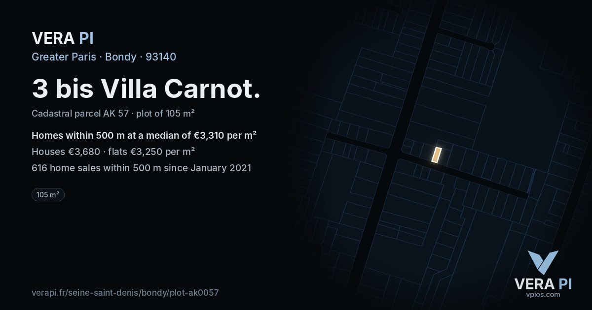 3 bis Villa Carnot, Bondy at night – the plot lit, the parcels around coloured by the prices near them