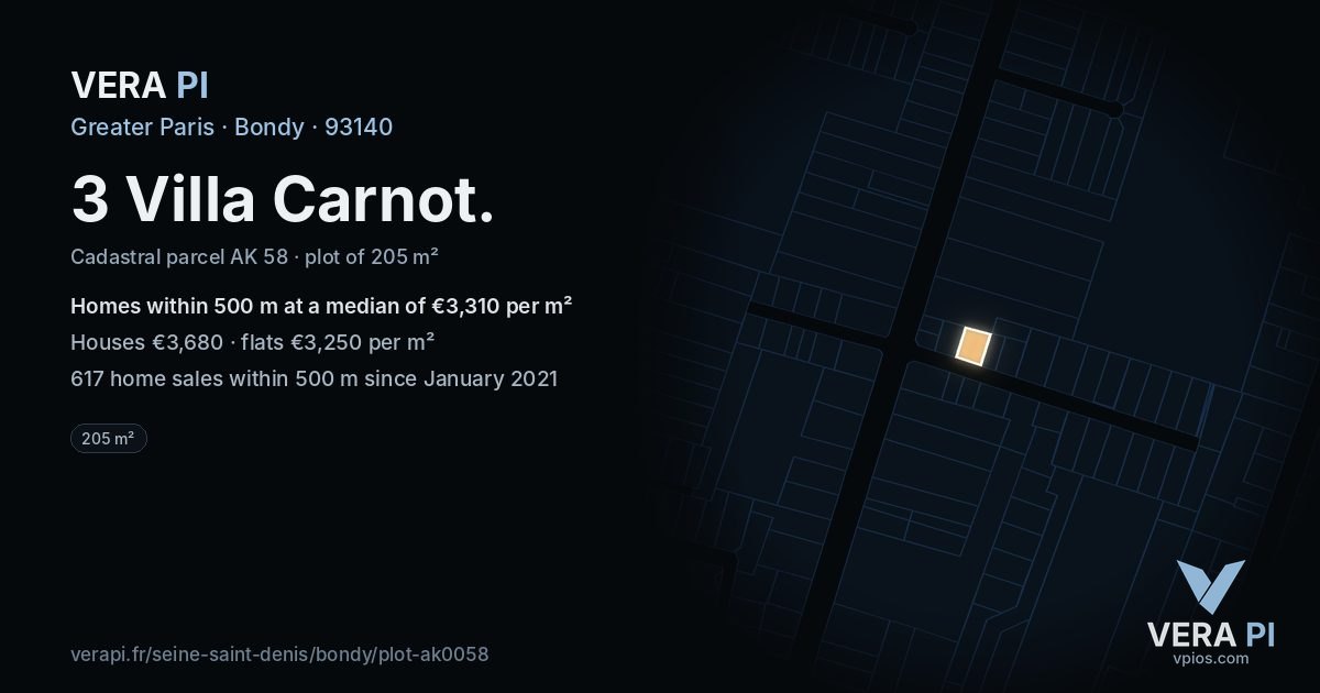 3 Villa Carnot, Bondy at night – the plot lit, the parcels around coloured by the prices near them
