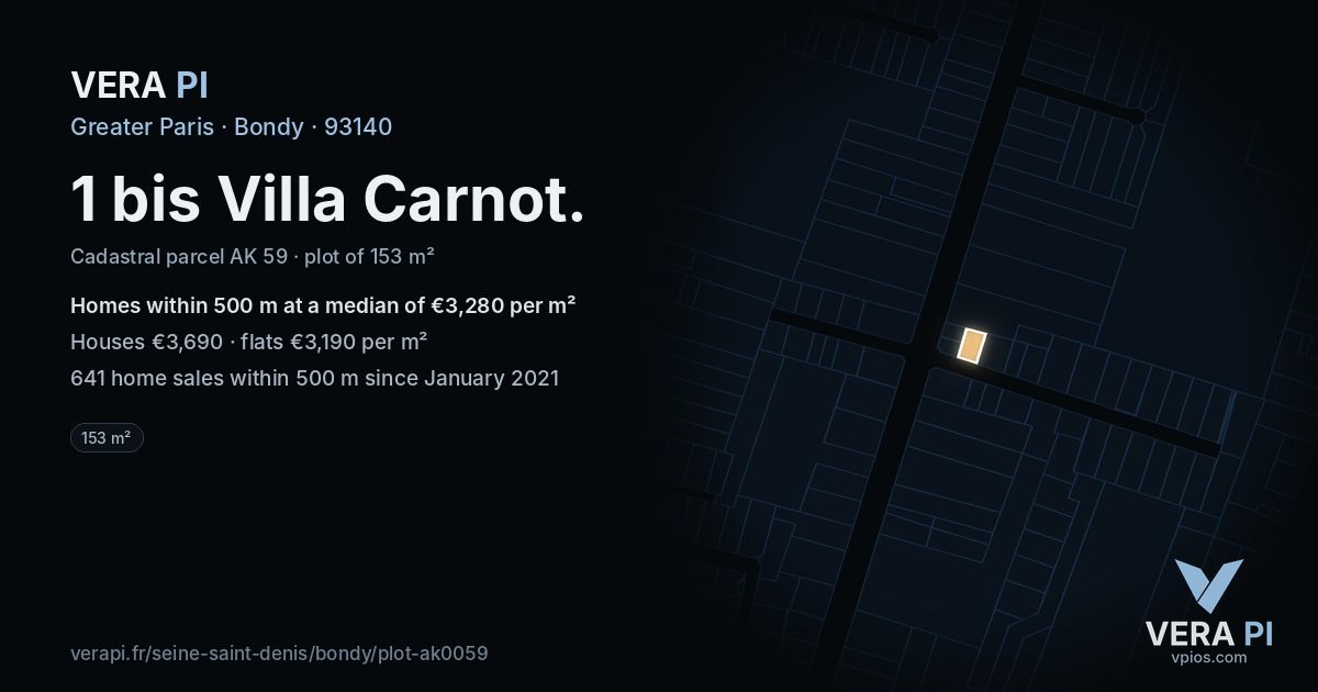 1 bis Villa Carnot, Bondy at night – the plot lit, the parcels around coloured by the prices near them
