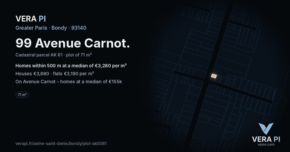 99 Avenue Carnot, Bondy at night – the plot lit, the parcels around coloured by the prices near them