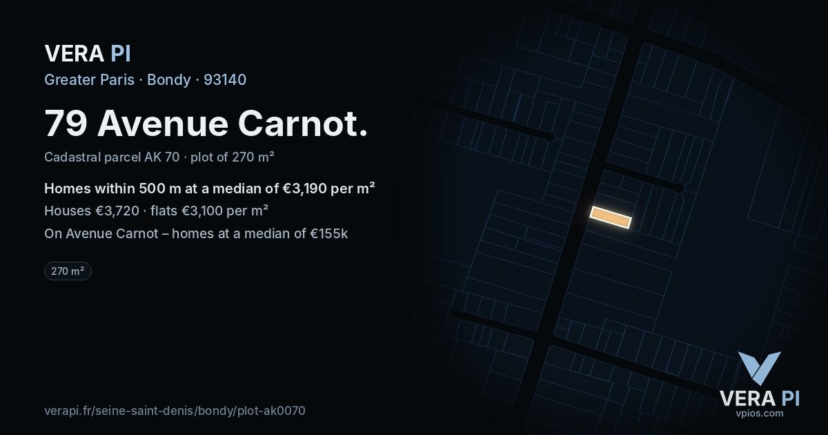 79 Avenue Carnot, Bondy at night – the plot lit, the parcels around coloured by the prices near them