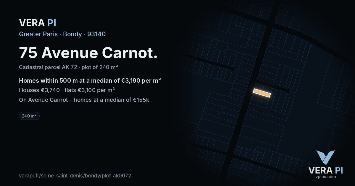 75 Avenue Carnot, Bondy at night – the plot lit, the parcels around coloured by the prices near them