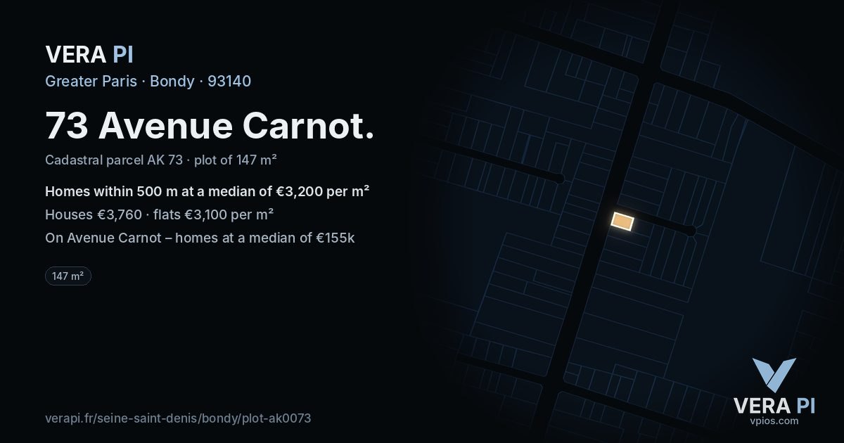 73 Avenue Carnot, Bondy at night – the plot lit, the parcels around coloured by the prices near them
