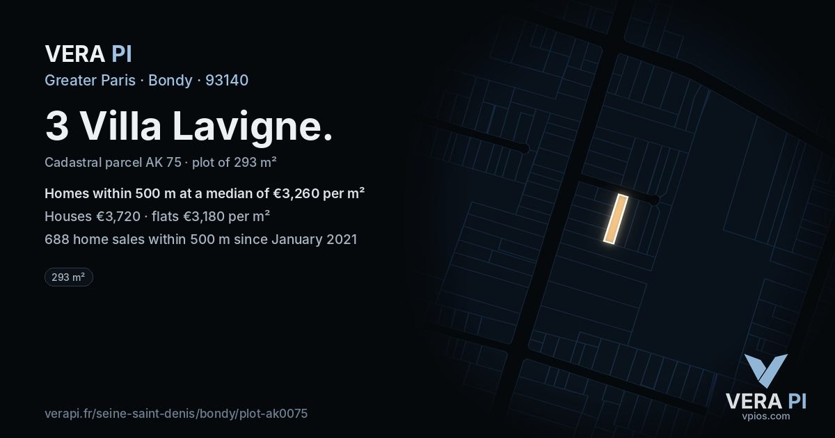 3 Villa Lavigne, Bondy at night – the plot lit, the parcels around coloured by the prices near them