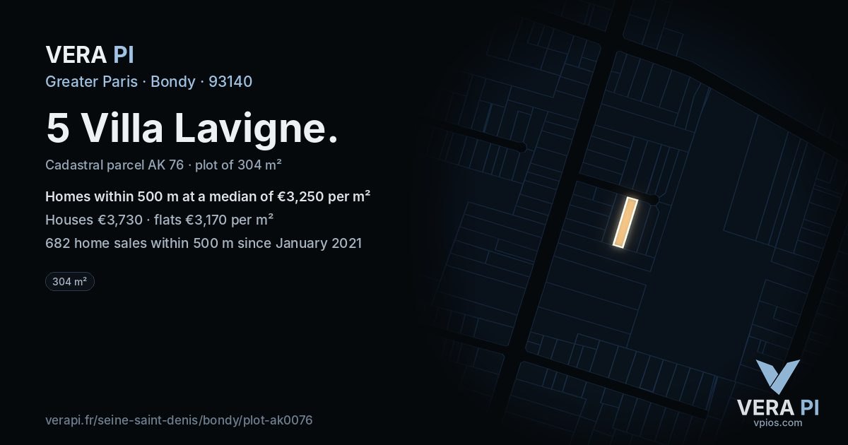 5 Villa Lavigne, Bondy at night – the plot lit, the parcels around coloured by the prices near them