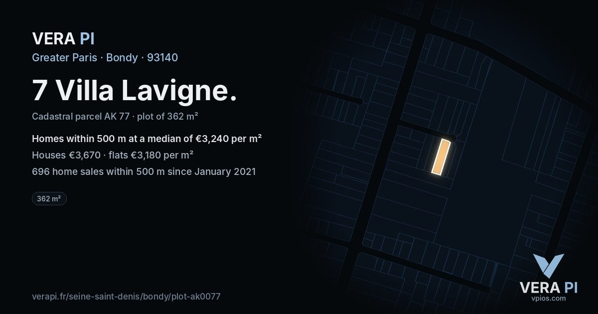 7 Villa Lavigne, Bondy at night – the plot lit, the parcels around coloured by the prices near them