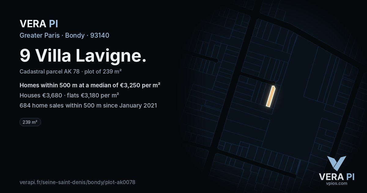 9 Villa Lavigne, Bondy at night – the plot lit, the parcels around coloured by the prices near them