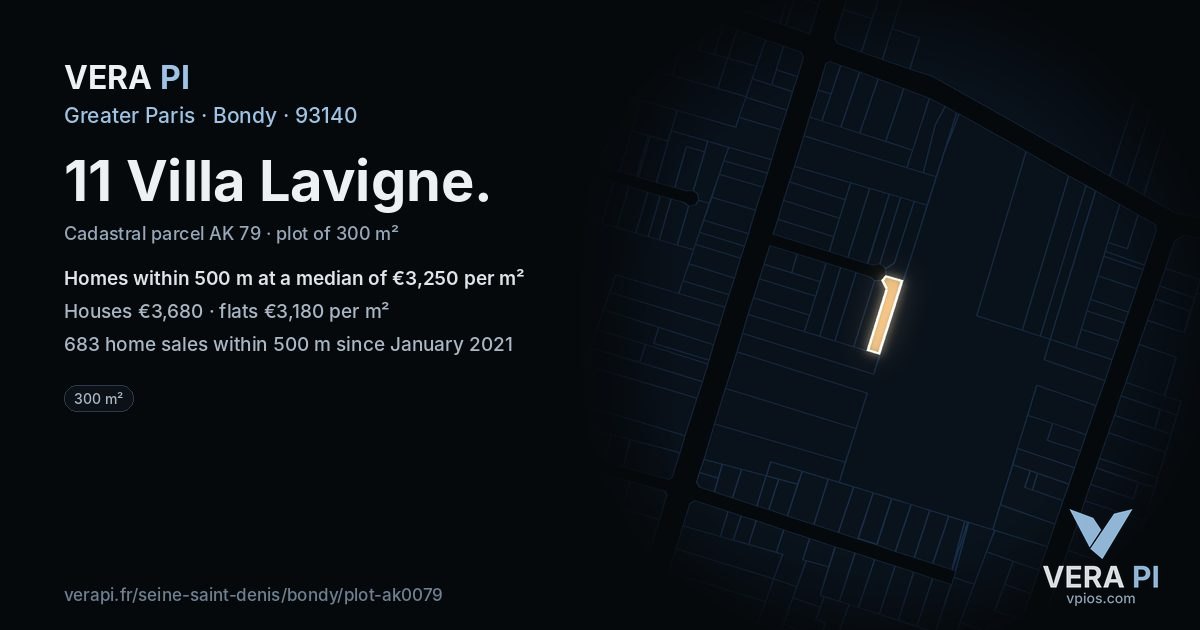 11 Villa Lavigne, Bondy at night – the plot lit, the parcels around coloured by the prices near them