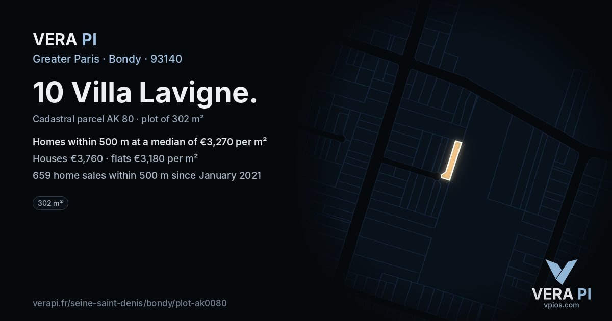 10 Villa Lavigne, Bondy at night – the plot lit, the parcels around coloured by the prices near them